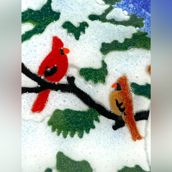 Peggy Karr Art Fused Glass Winter Snowman Cardinal Birds Square Platter 13 in - Picture 6 of 9